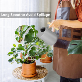 GUKJOB wooden-handle gray watering can provides comfortable grip while watering small indoor plants.