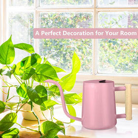 GUKJOB wooden-handle watering can offers comfortable grip during use.