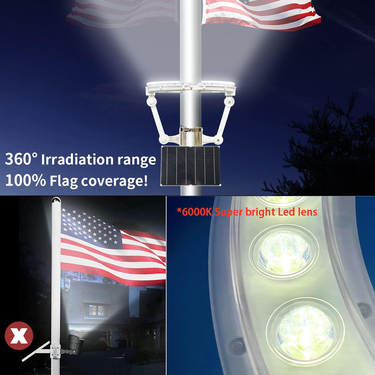 GULADUS flagpole light wide-area coverage supports flags from every angle.