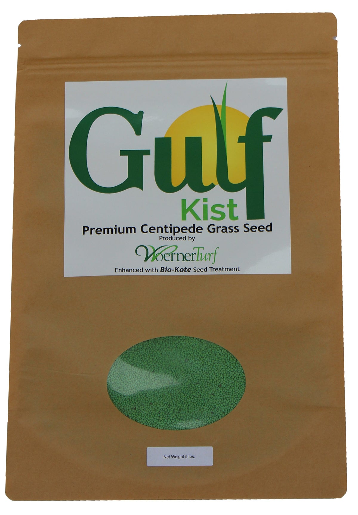 Gulf Kist Centipede Seed bag showing coated seed for better germination.