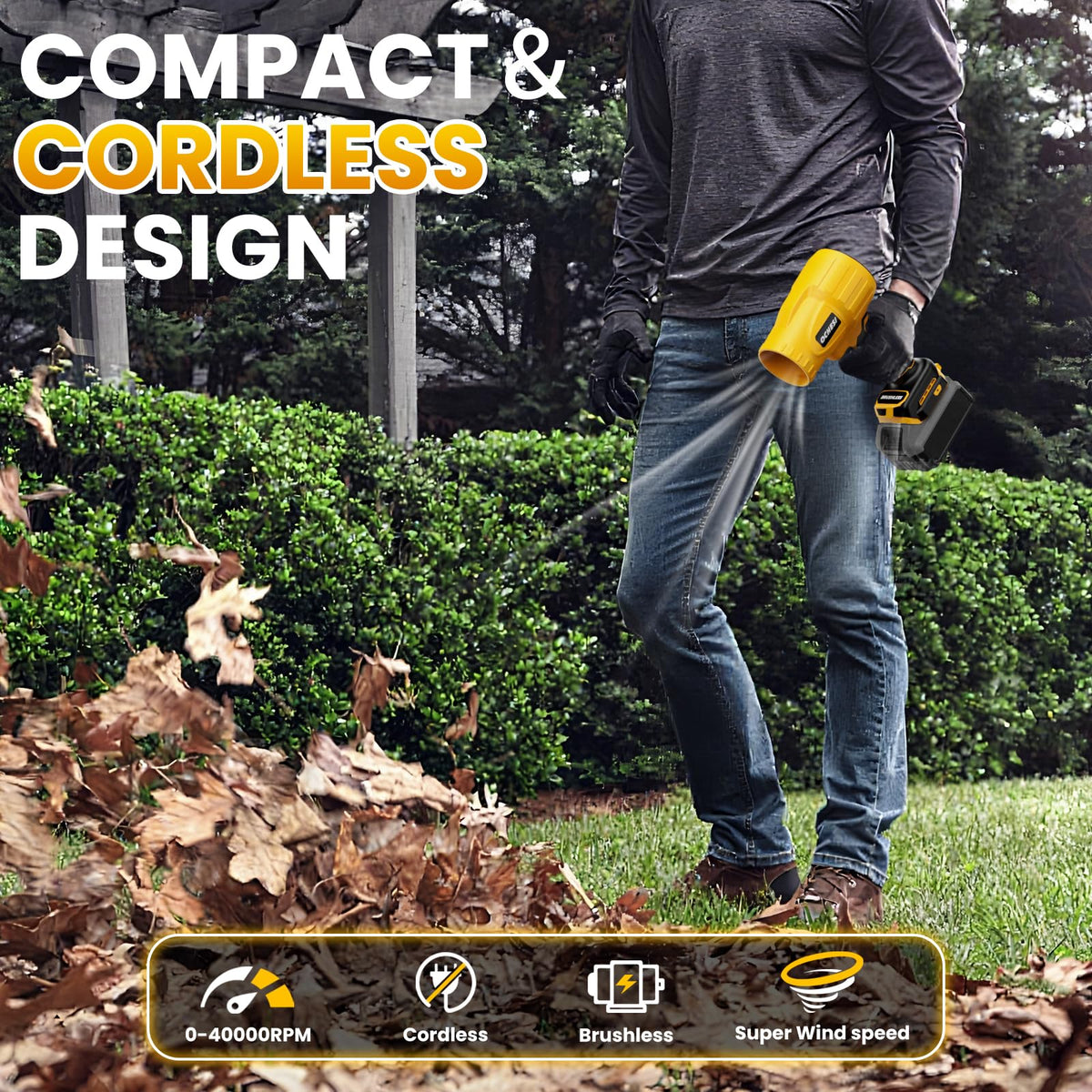 GUNOZE leaf blower compatible with DeWALT 20V MAX batteries for versatile power