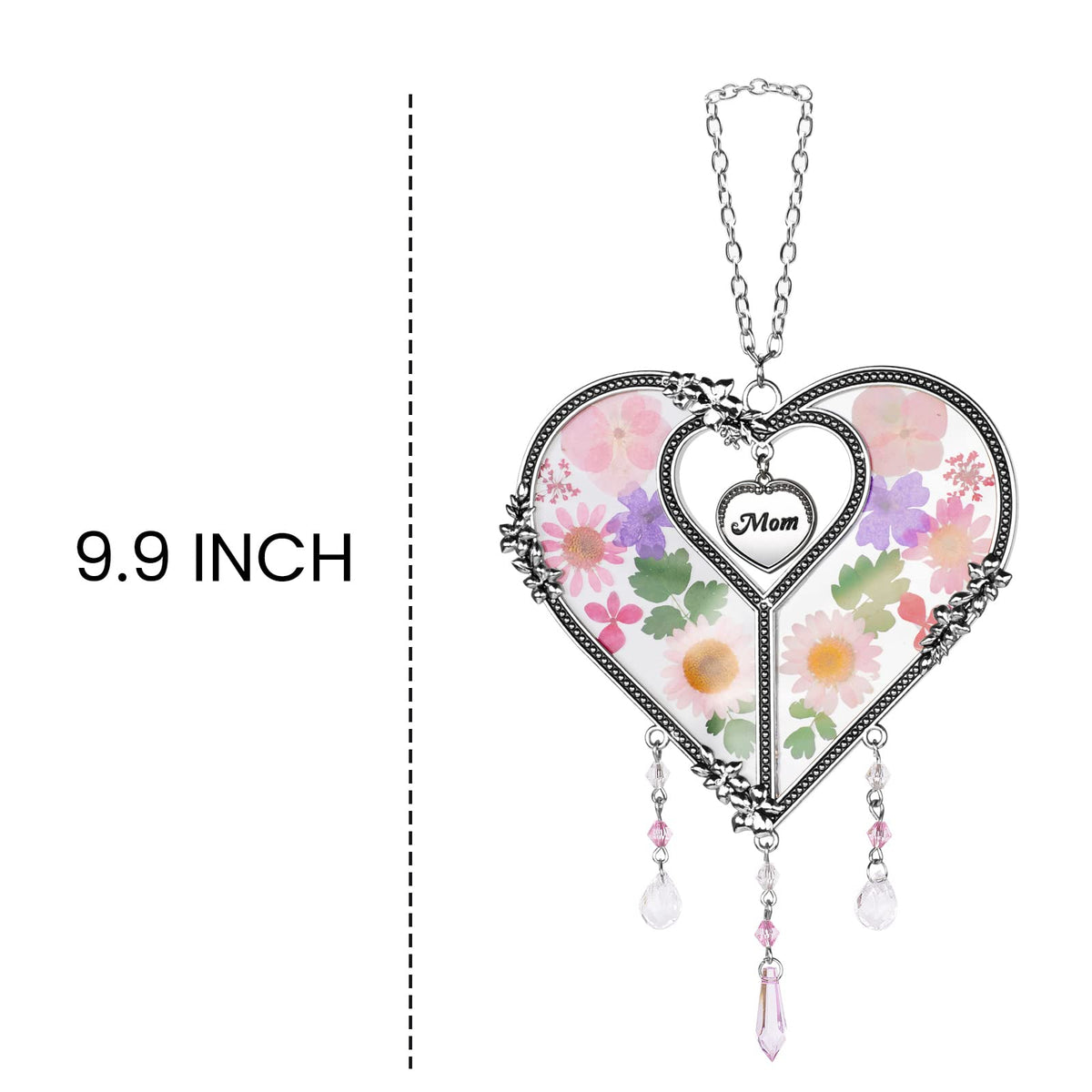 GUOER Heart Suncatcher close-up of glass wings and real flowers.