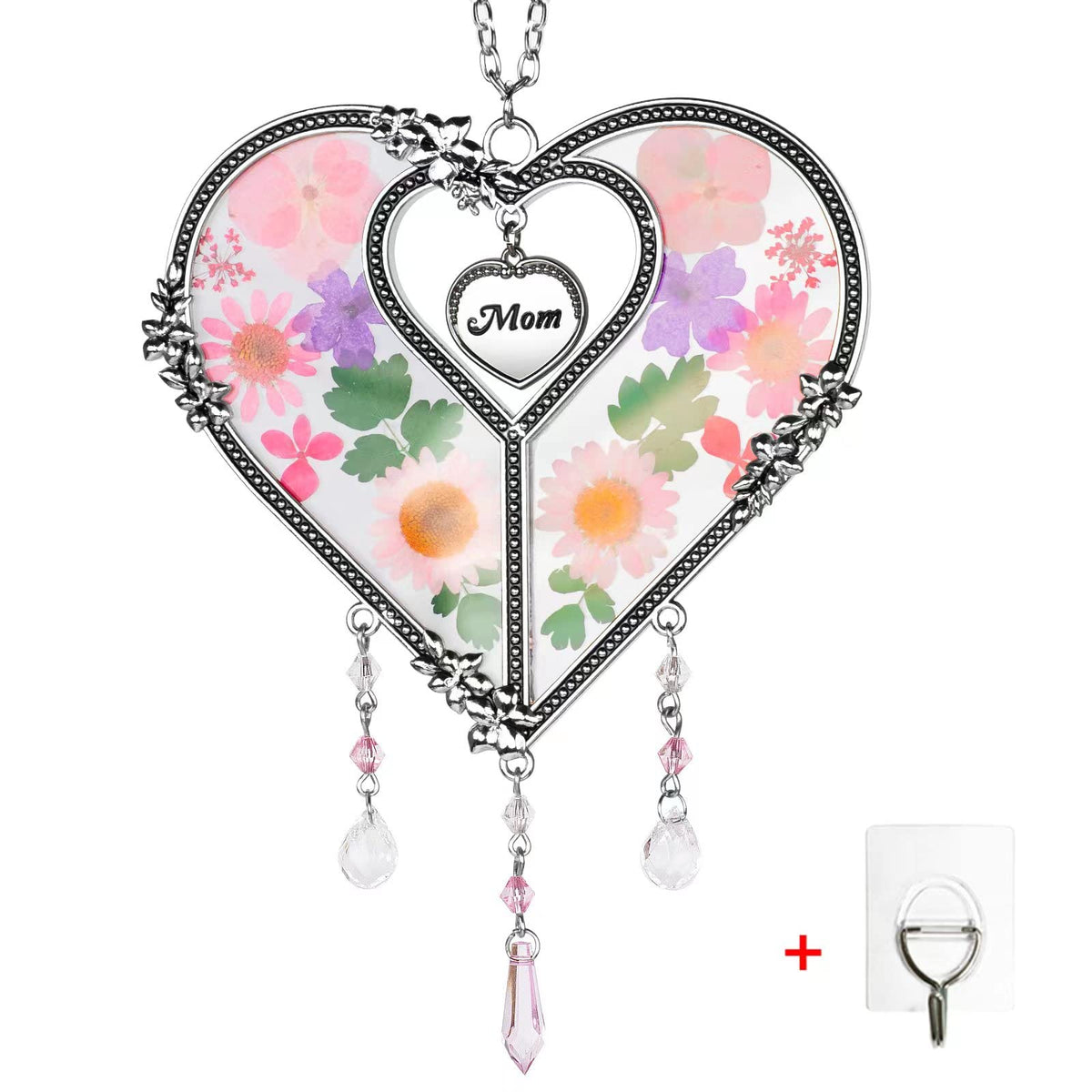 GUOER Heart Suncatcher with pressed flowers in a sunlit window for warm ambience.
