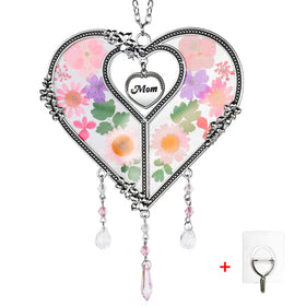 GUOER Heart Suncatcher with pressed flowers in a sunlit window for warm ambience.
