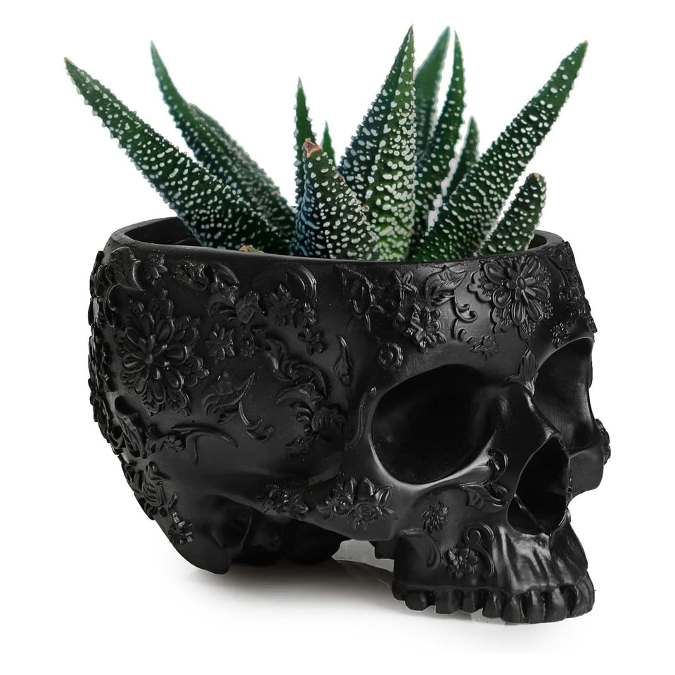 GUTE black skull planter 6inch for a gothic succulent display.
