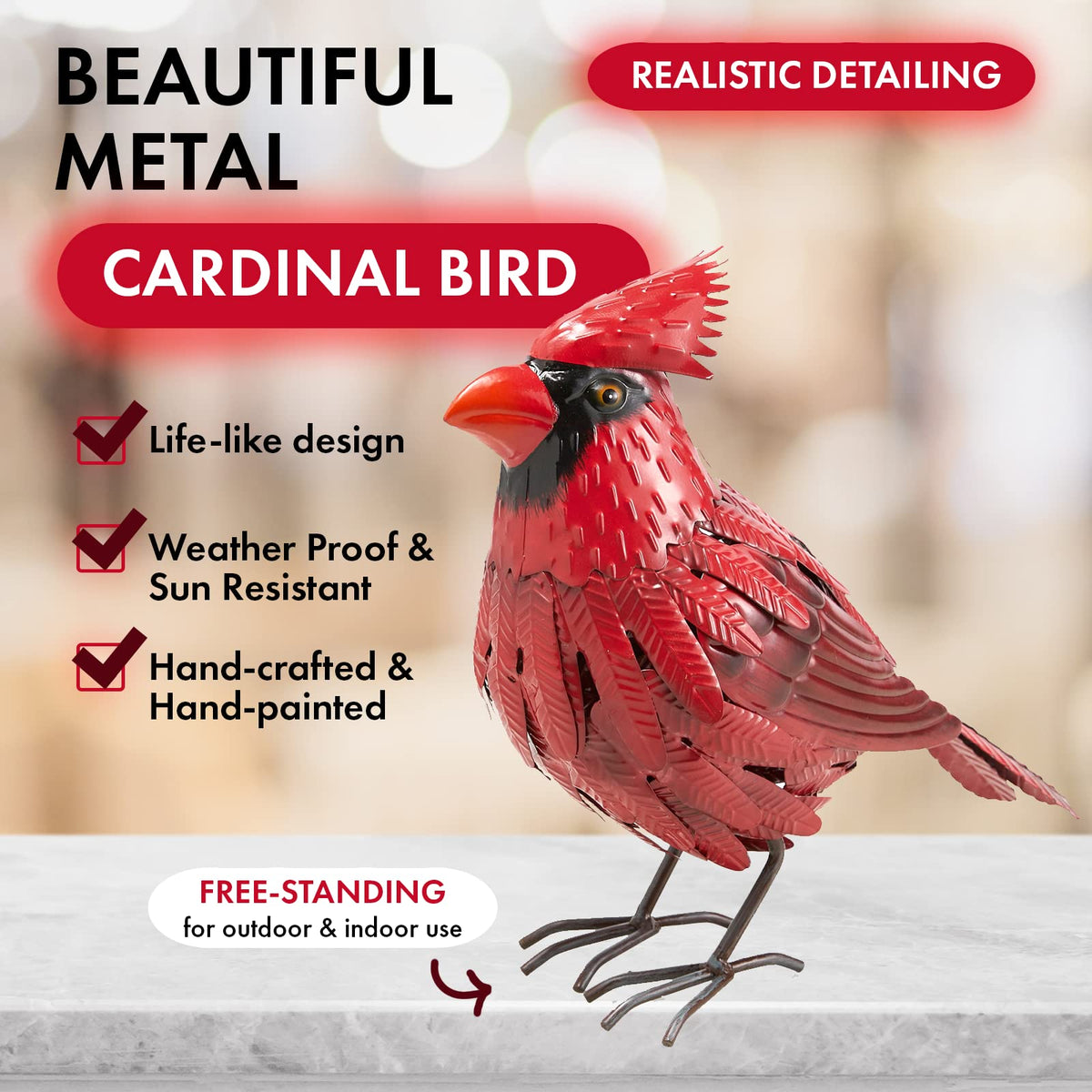 GUTE Cardinal metal sculpture showing lifelike feather detail