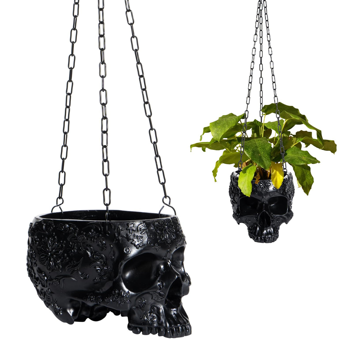 GUTE Hanging Skull Planter with chain and hook enhances gothic decor and space-saving display.