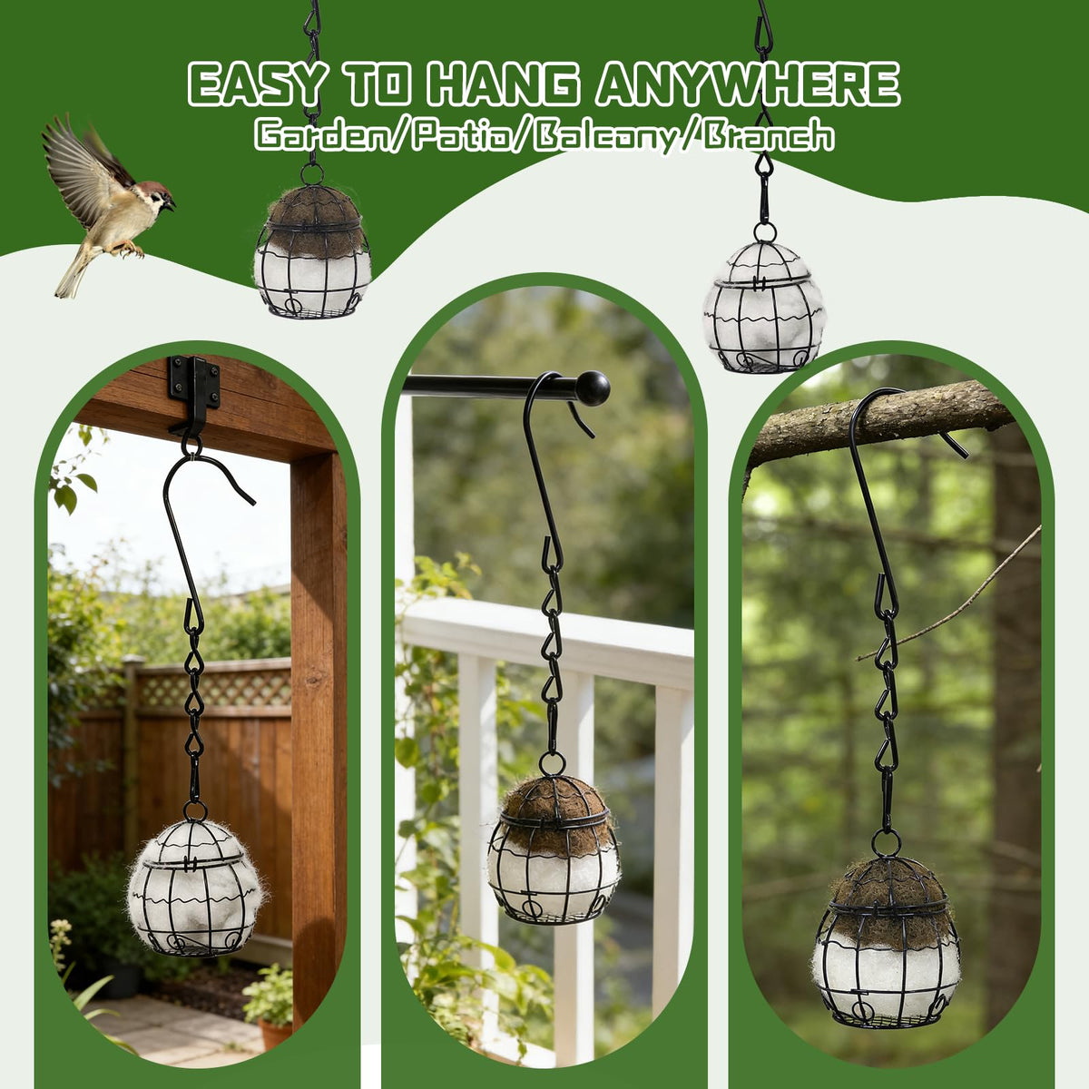 Gute metal hook and long chain securing nesting ball outdoors