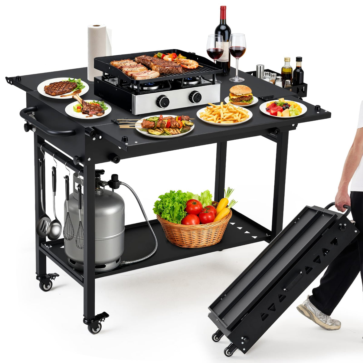 GVGBUK portable outdoor grill table with wheels for easy transport to any patio or tailgate