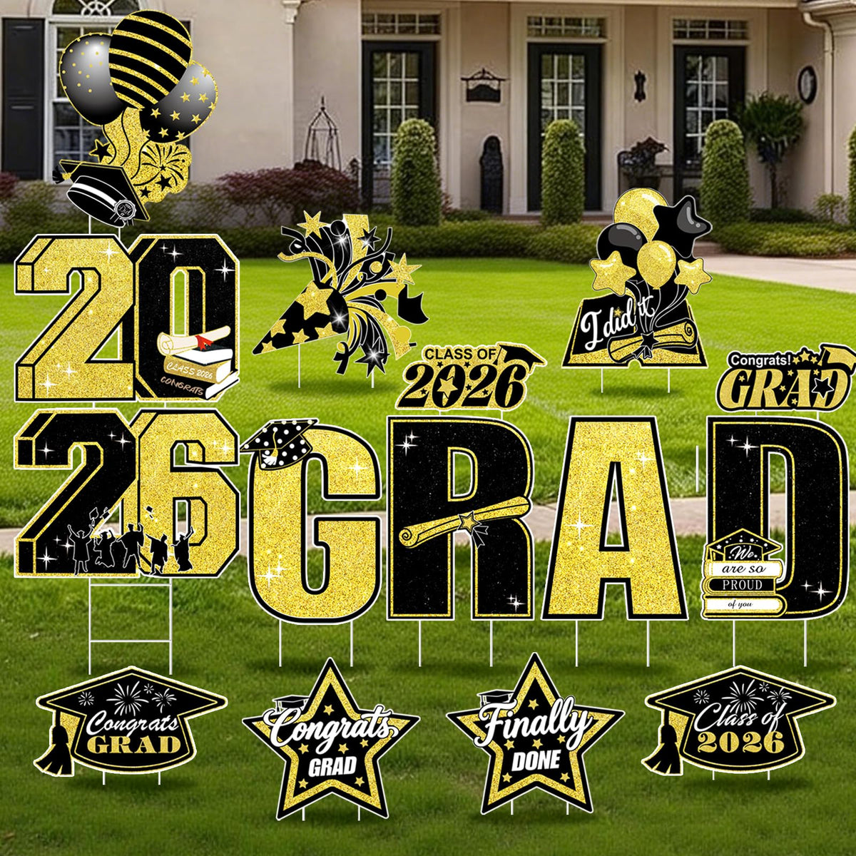 GXGGUS 4ft-tall graduation yard signs in bold black and gold for curb appeal and photo moments.