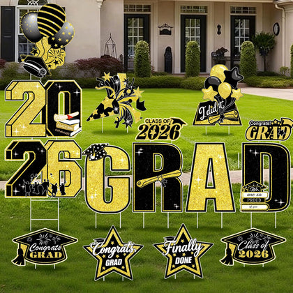 GXGGUS 4ft-tall graduation yard signs in bold black and gold for curb appeal and photo moments.