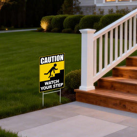 GXGGUS Watch Your Step sign includes adhesive tape for quick mounting on smooth surfaces.