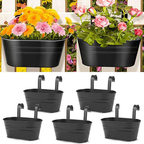 GYATSOCYG oval metal hanging planter set of five in black for versatile outdoor decor.