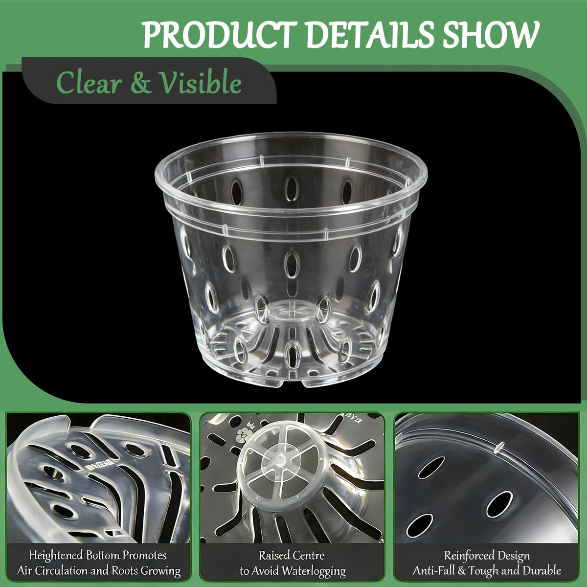 Gyfofix transparent orchid pots demonstrating anti-clog base design