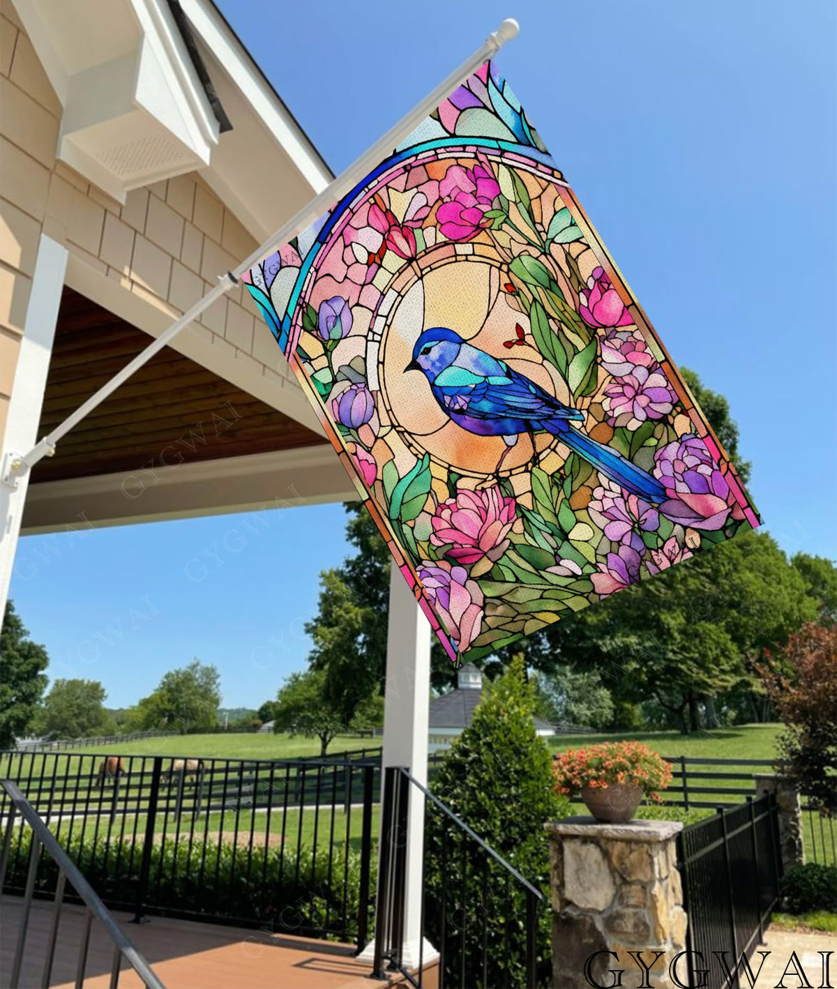 GYGWAI double-sided garden flag with blooming florals, visible from both sides.