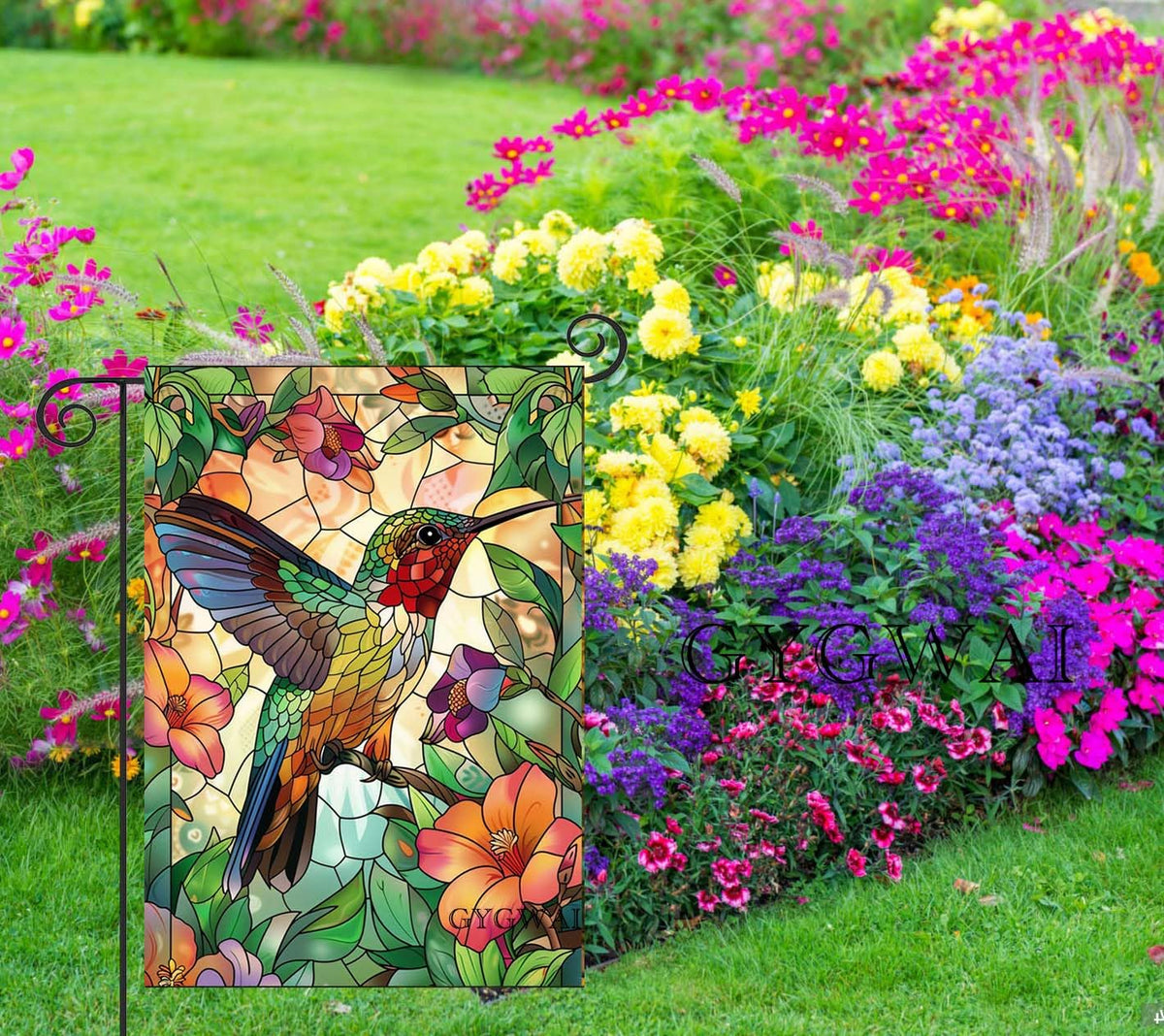 GYGWAI double-sided garden flag featuring hummingbird art visible from both sides.