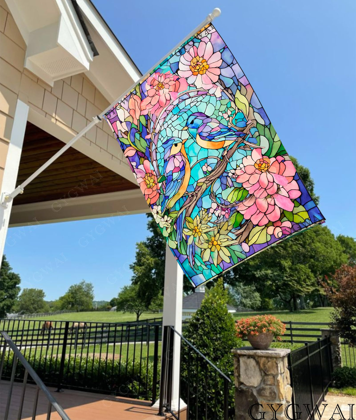 GYGWAI stained-glass bluebirds flag detailed artwork highlighting birds and blooms