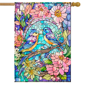 GYGWAI stained-glass bluebirds flag front view shows vibrant colors for outdoor welcome