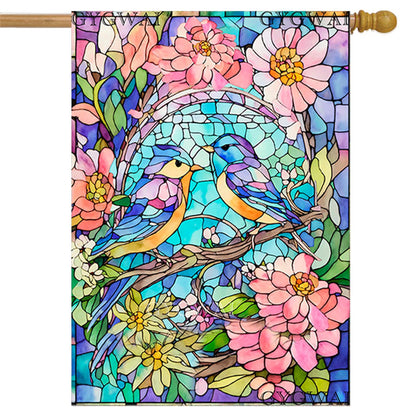 GYGWAI stained-glass bluebirds flag front view shows vibrant colors for outdoor welcome