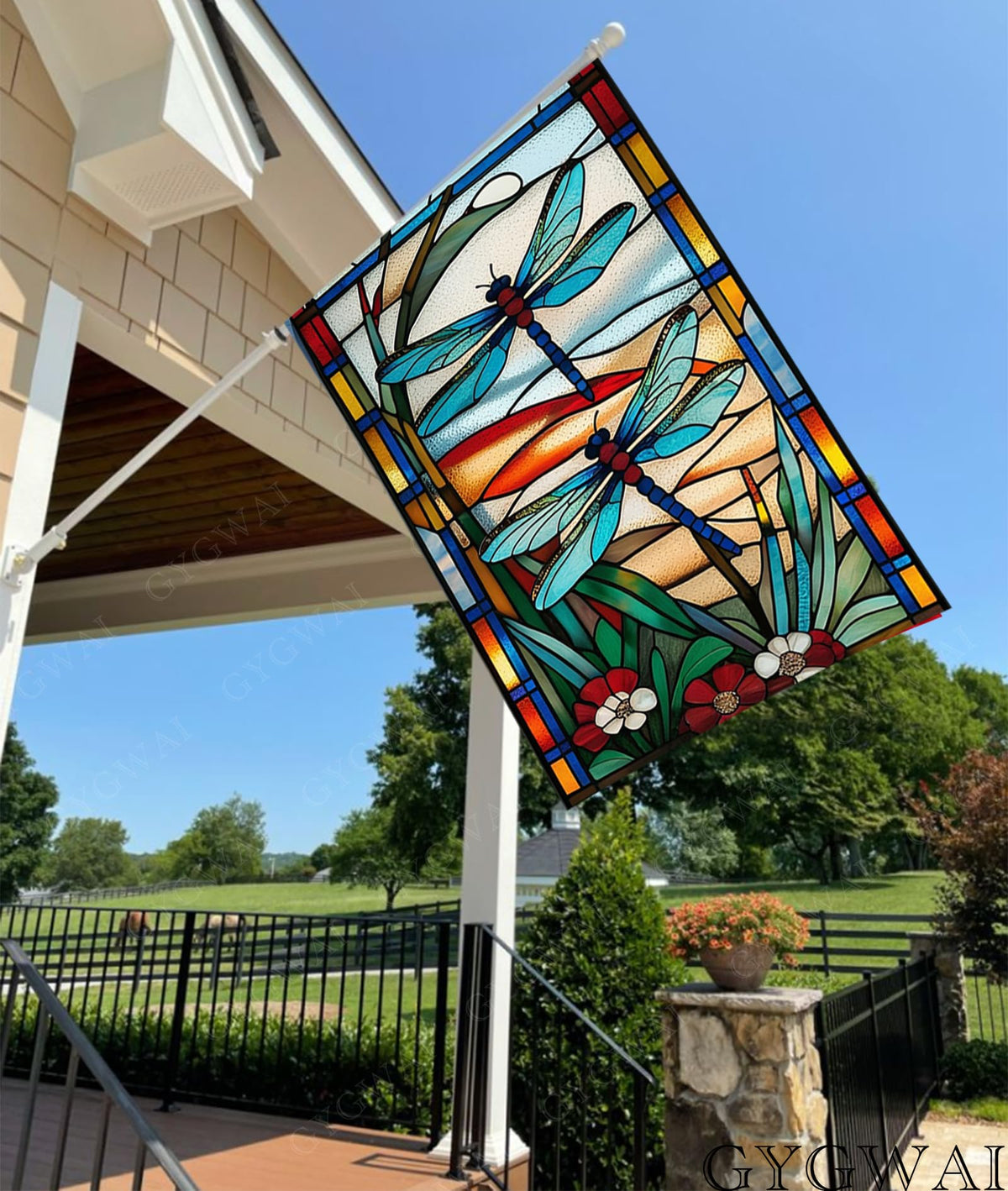 GYGWAI stained-glass dragonflies flag detail for vibrant backyard décor