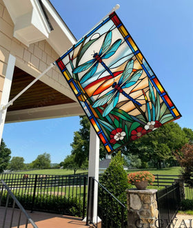 GYGWAI stained-glass dragonflies flag detail for vibrant backyard décor
