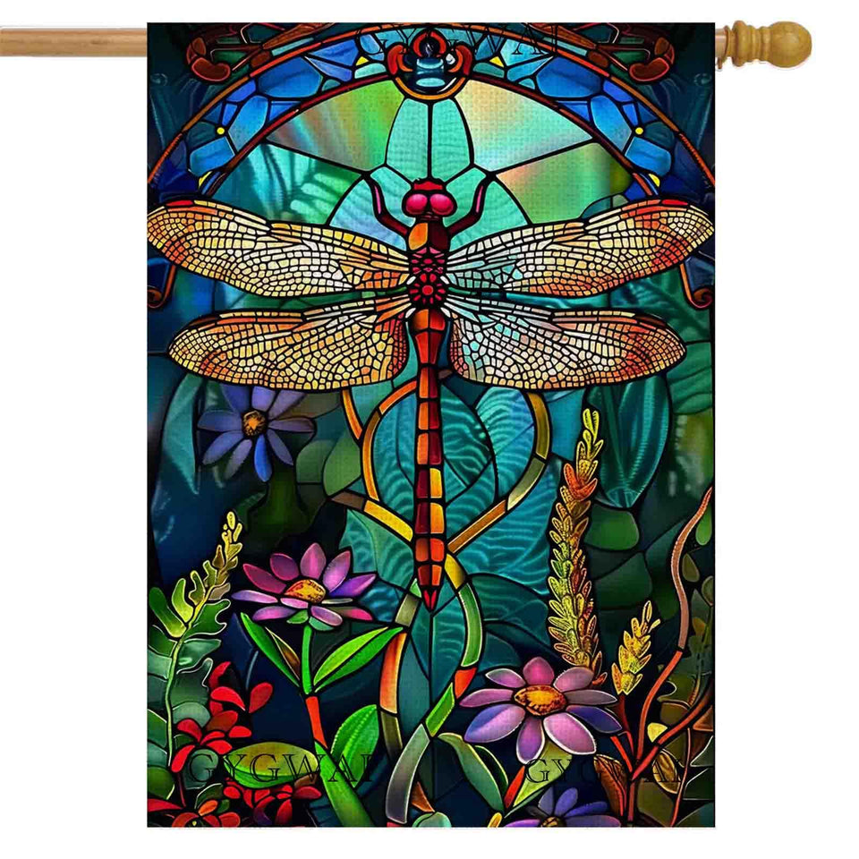 GYGWAI stained glass dragonfly flag: double-sided visibility for vivid yard decor.