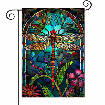 GYGWAI stained-glass spring dragonfly flag front view adds vibrant outdoor charm.