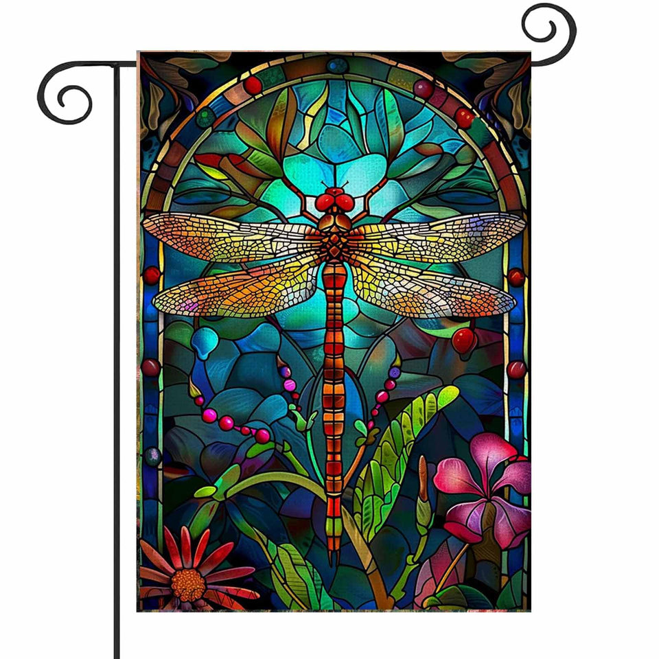 GYGWAI stained-glass spring dragonfly flag front view adds vibrant outdoor charm.