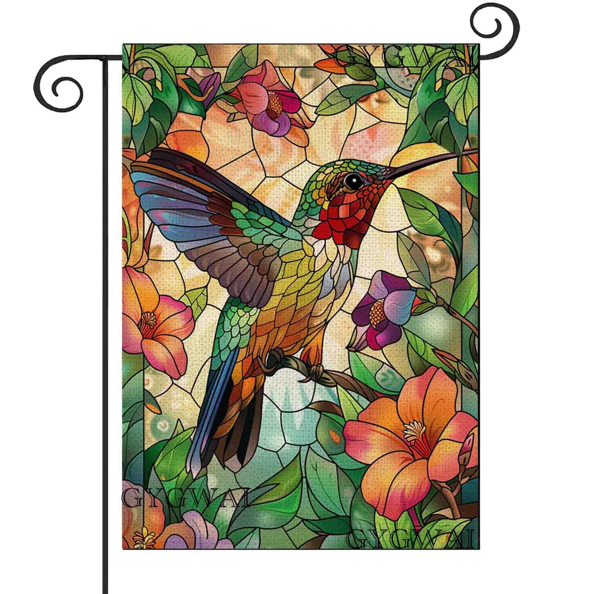 GYGWAI stained glass spring hummingbird flag shines in the sun for outdoor display.