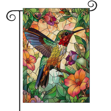 GYGWAI stained glass spring hummingbird flag shines in the sun for outdoor display.