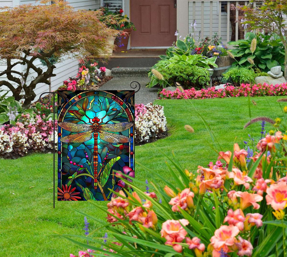 GYGWAI sunlight-illuminated stained-glass flag enhances curb appeal from any angle.
