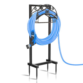 Gykoeaty garden hose holder with triangle base stabilizes a long hose outdoors.
