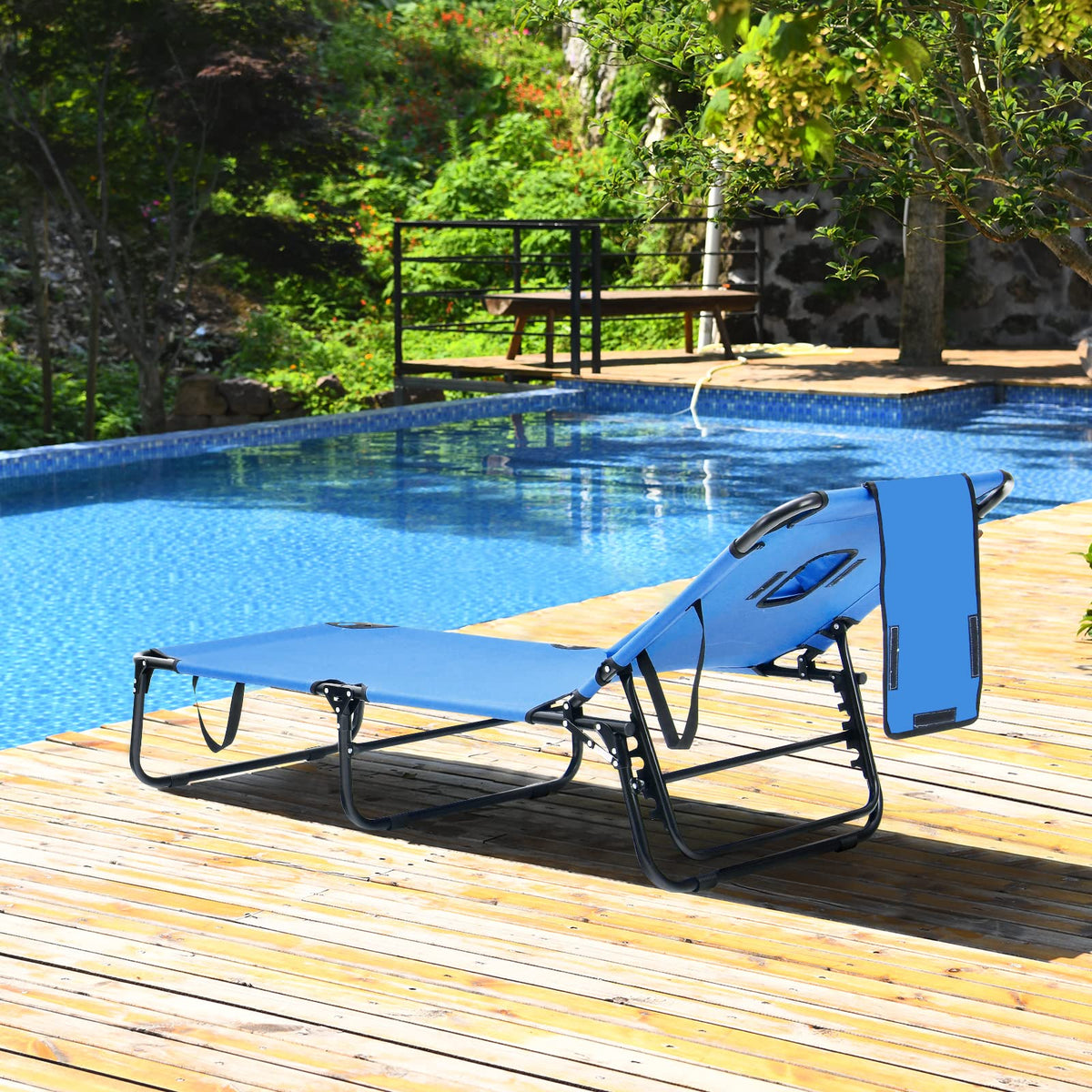 GYMAX foldable beach lounge ready in seconds for outdoor use.