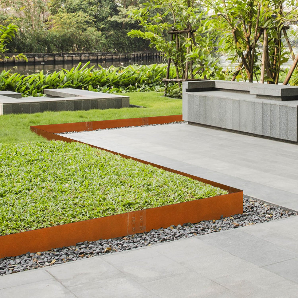 Garden border installed along path shows weed control benefits.
