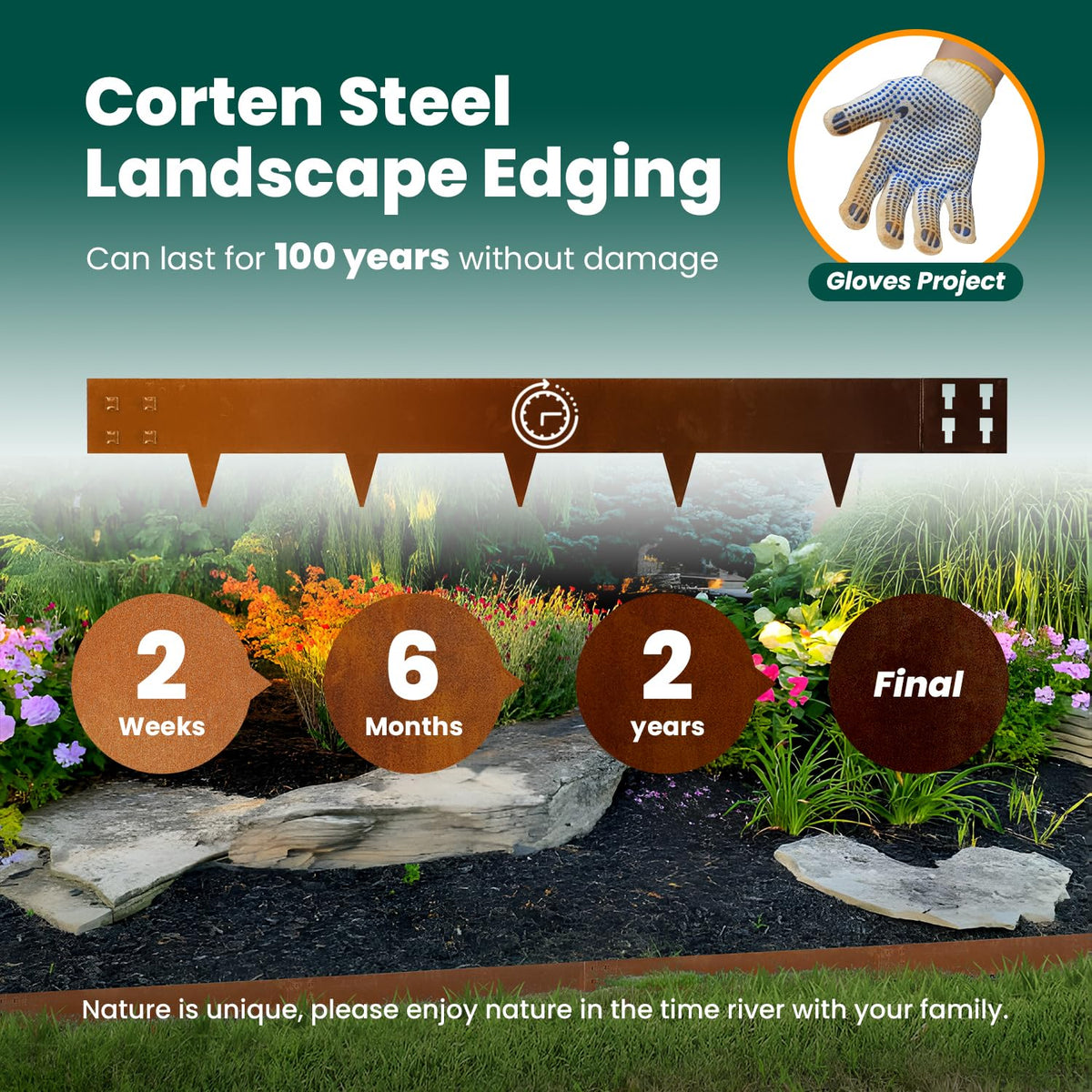 Weather-resistant corten steel border endures outdoor conditions without fading.