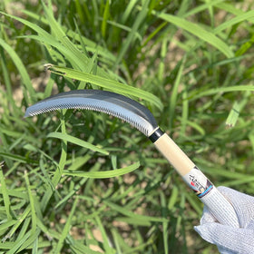 HACHIEMON serrated sickle in a garden ready for weed removal
