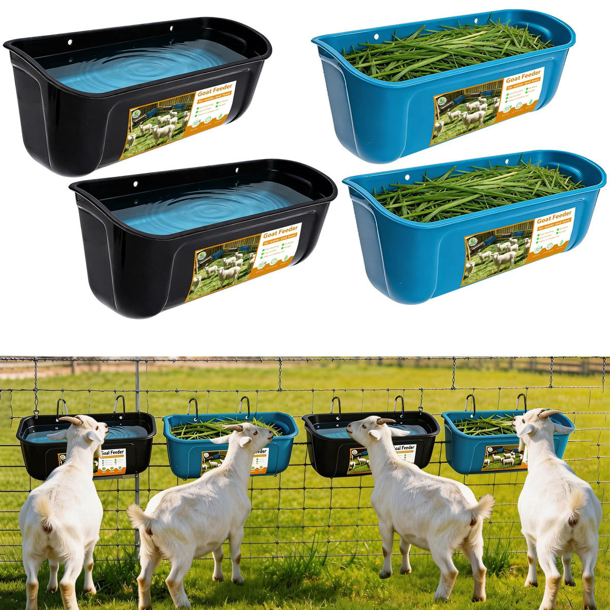 HAEZU goat feeder hanging with carabiner on fence for secure feeding.