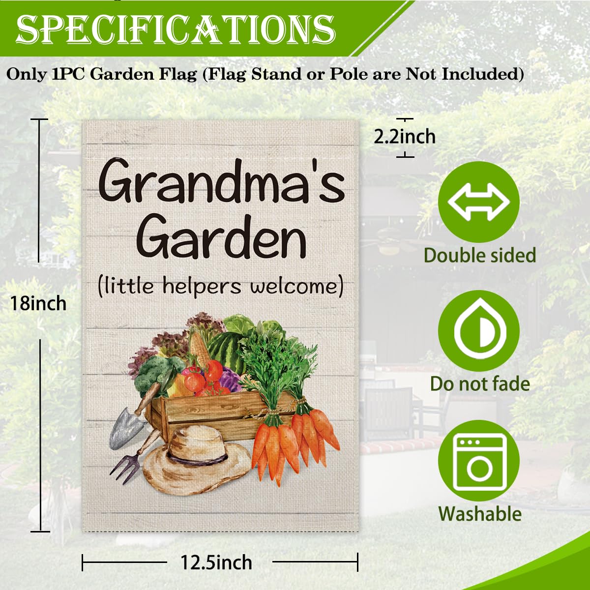 Hafhue Grandma's Garden flag back view with readable text on both sides