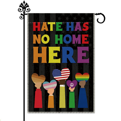 Hafhue Hate Has No Home Here garden flag in autumn design, durable for outdoor use.