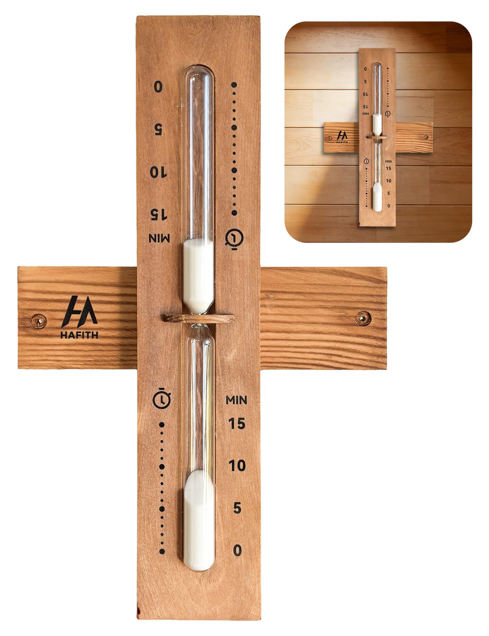 HAFITH sauna sand timer 15-minute mounted on wall for precise session timing.