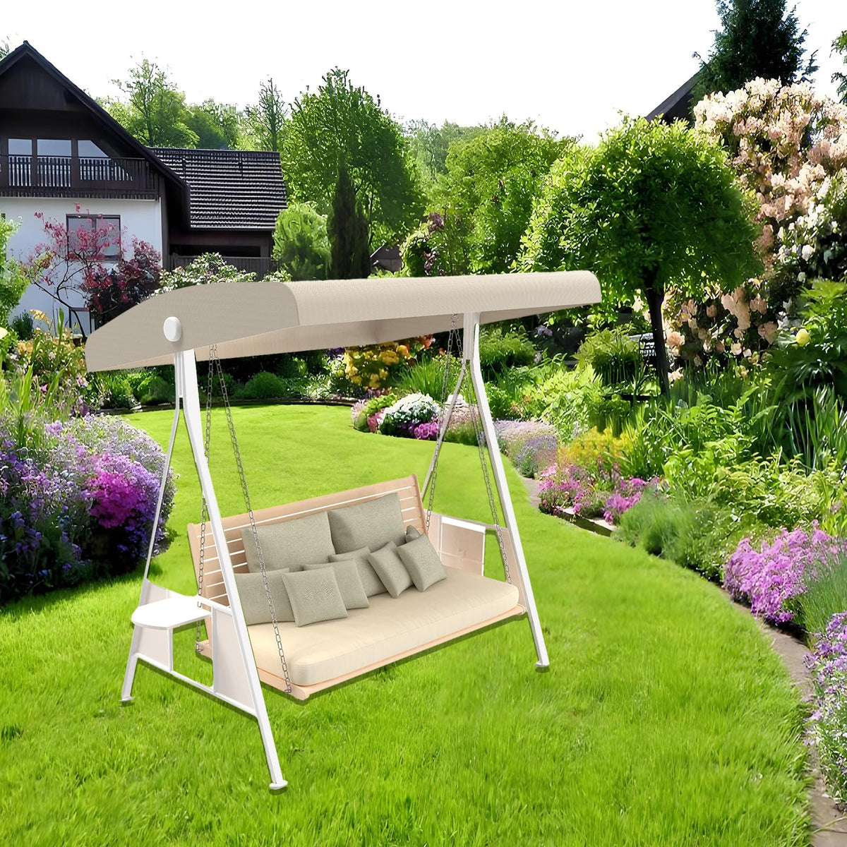 Hagsfire beige cover enhances patio swing aesthetics and protection.