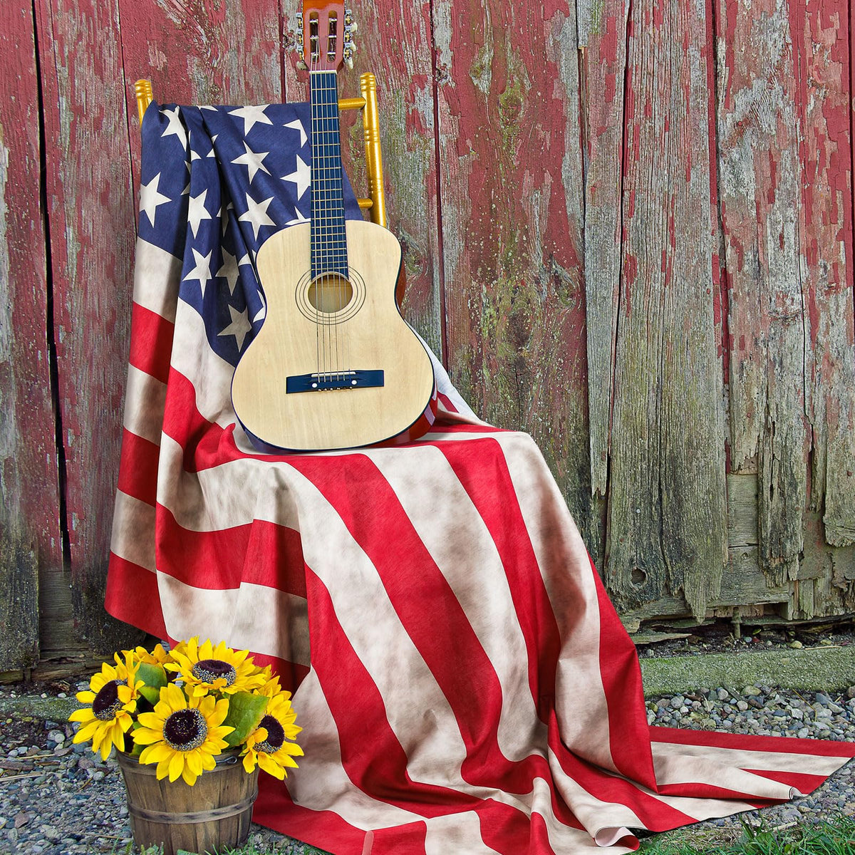 Hahafelt patriotic scarf used as outdoor wall decor at home.