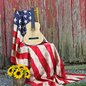 Hahafelt patriotic scarf used as outdoor wall decor at home.