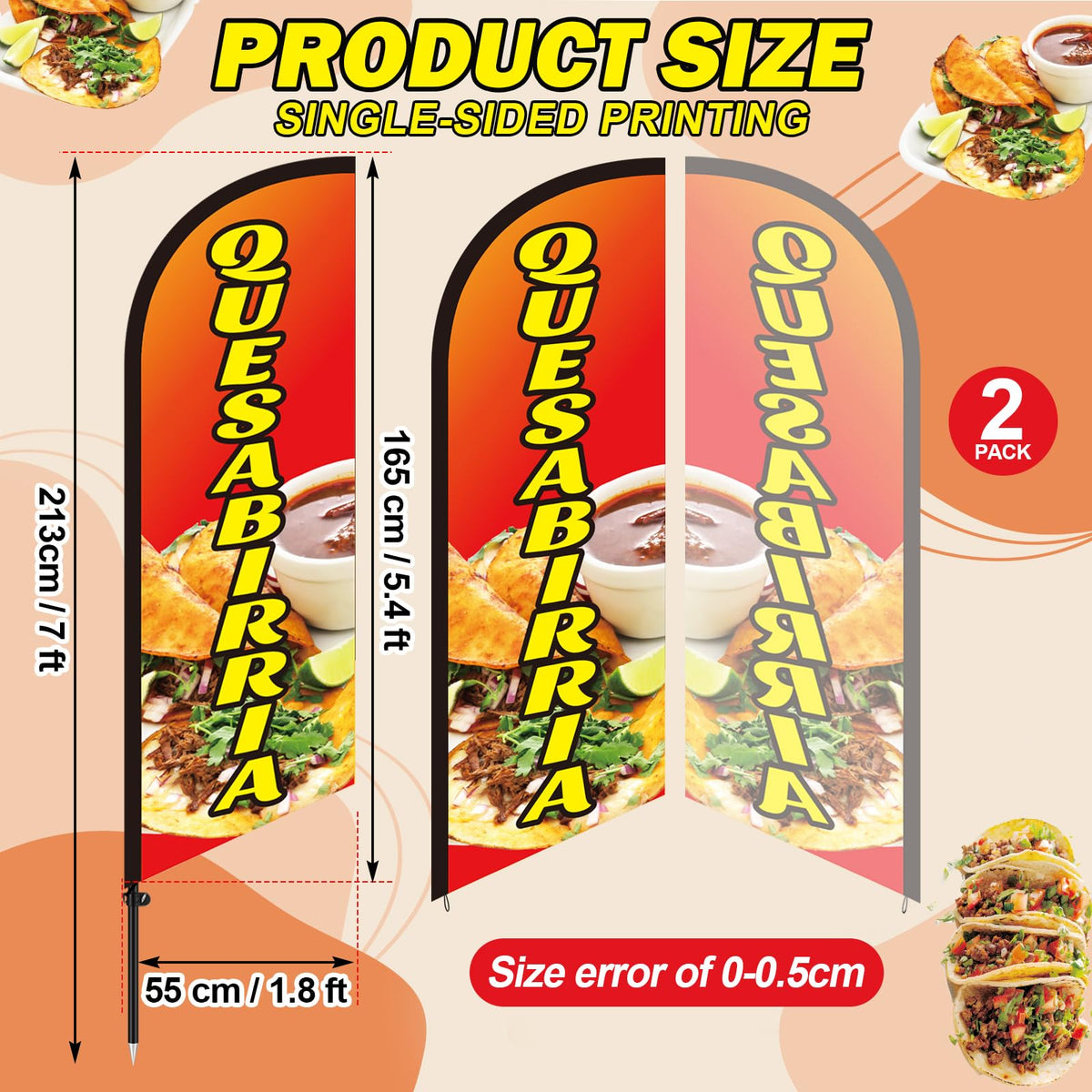 Hahafelt Taco flag banner attracts pedestrians with vibrant red orange colors