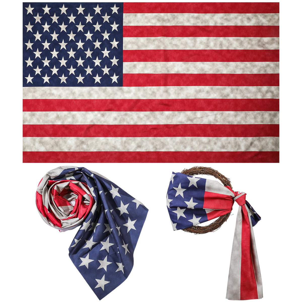 Hahafelt vintage American flag scarf folded for display, showcasing patriotic flair.