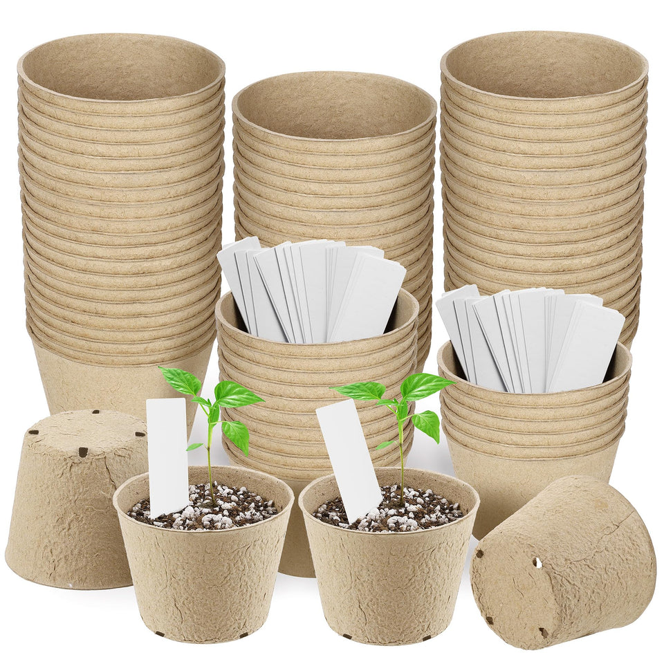 Hahood 80-piece peat pots and labels ready for organized seed starting.