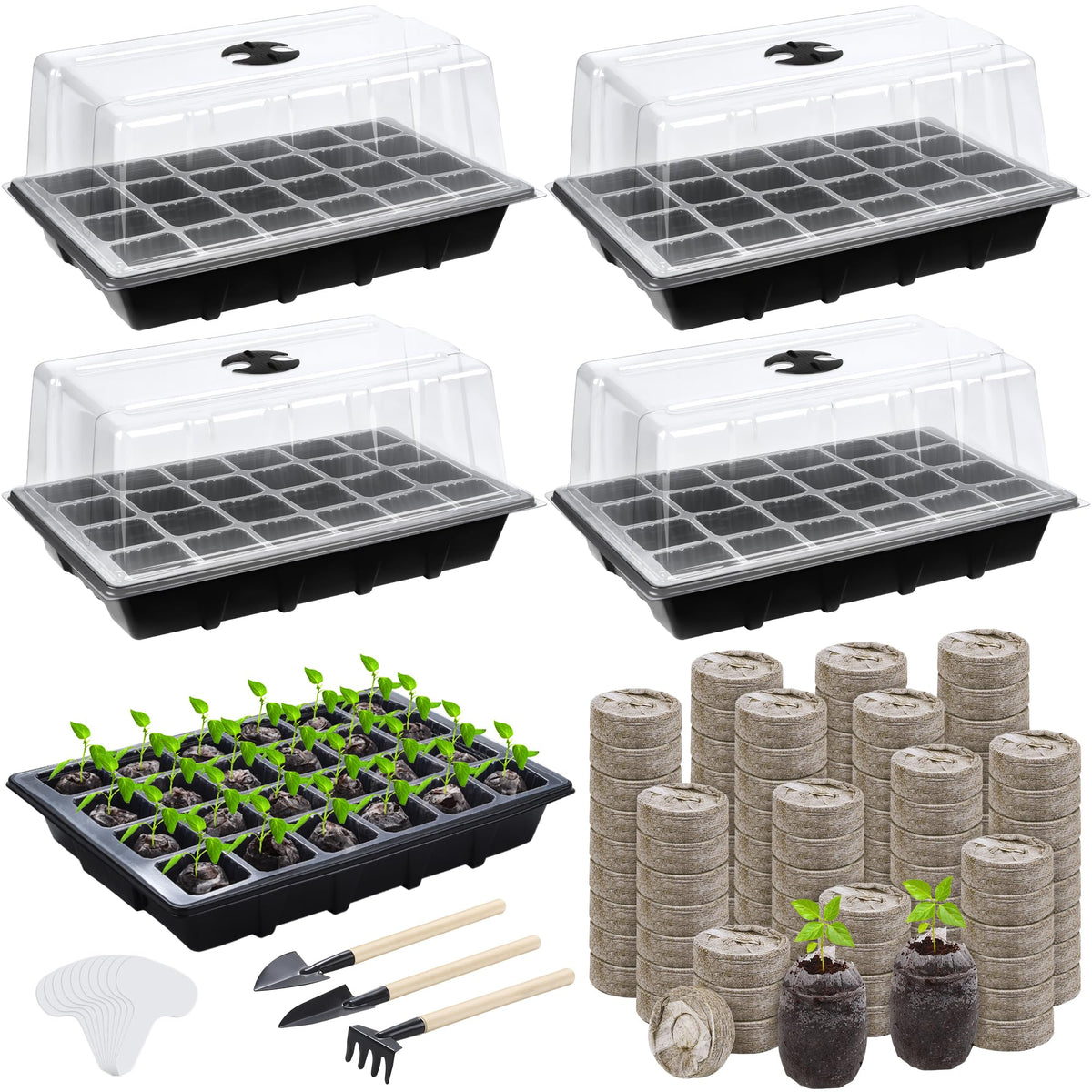 Hahood seed starter tray kit with four 24-cell trays for sowing.