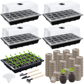 Hahood seed starter tray kit with four 24-cell trays for sowing.