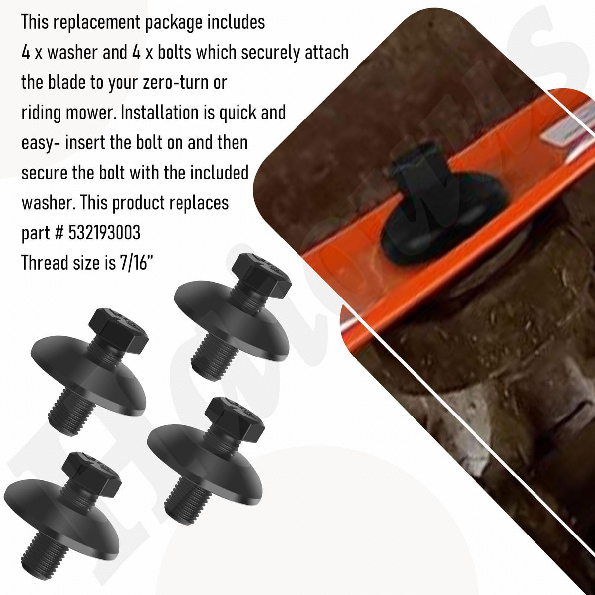 Haiouus riding and zero-turn mower hardware makes blade replacement fast