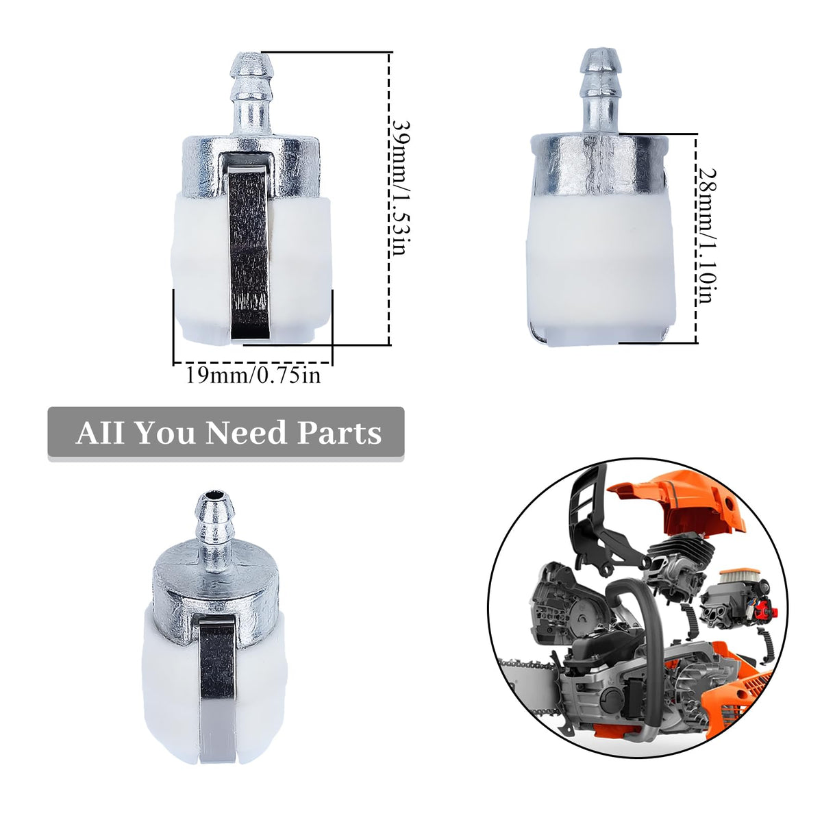 HAISHINE fuel filter for Husqvarna 350BT, front view, easy-to-install replacement.